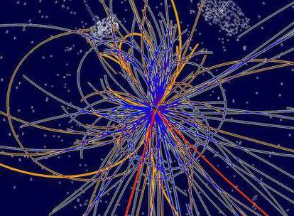 Simulación de cómo el detector CMS del LHC vería una colisión protón-protón que produce muchas partículas, incluyendo una de Higgs, que se desintegra en dos <i>electrones</i> (un electrón y un positrón, su antipartícula) y dos <i>muones</i> (en el mismo sentido).