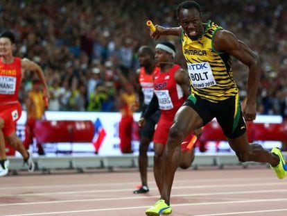 Bolt, durant el 4x100, als Mundials de Pequín.