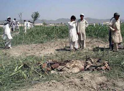 Residentes en la zona del ataque observan los restos de dos suicidas en un campo de cultivo.