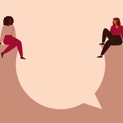 Women say concept. Young strong girls sit on a big speech bubble and look at each other. Female empowerment movement vector illustration