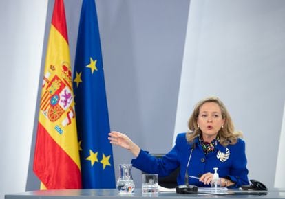 The First Vice President and Minister of Economic Affairs, Nadia Calviño, this Tuesday in Madrid during the press conference after the Council of Ministers.