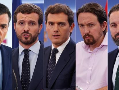 De izquierda a derecha, Pedro Sánchez (PSOE), Pablo Casado (PP), Albert Rivera (Ciudadanos), Pablo Iglesias (UP) y Santiago Abascal (Vox).