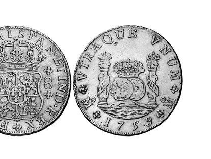  Moneda de ocho reales de plata de tipo columnario, acuñada en México en 1759, durante el reinado de Fernando VI.