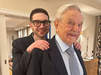 George Soros is seen with his son Alexander, in Munich, Germany