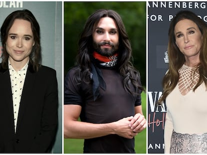 Desde la izquierda: Elliot Page, Conchita Wurst y Caitlyn Jenner.