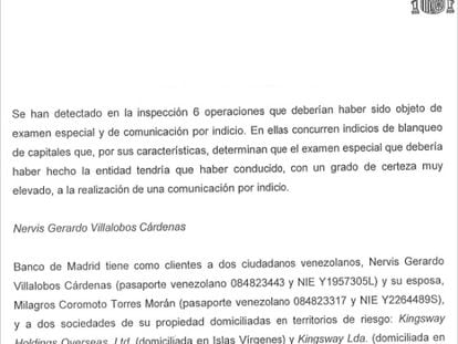 Fragmento del informe del Sepblac sobre Banco Madrid.