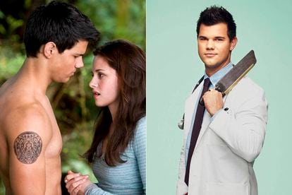 Taylor Lautner en la saga de ‘Crepúsculo’ y, a la derecha, en una imagen promocional de ‘Scream Queens’.
