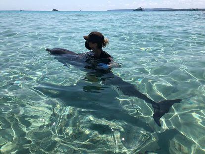 La agente balear de Medio Ambiente Pepita Cardona sujeta al delfín moribundo en la playa de Llevant de Formentera el pasado 20 de julio.