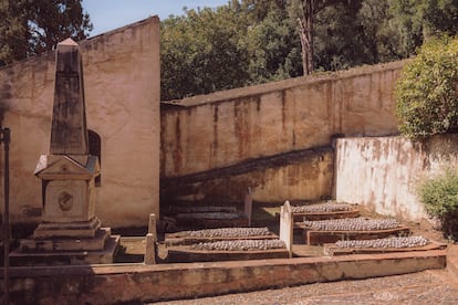 Cementerio Inglés de Málaga. Tras el portón de entrada, flanqueado por los leones del imperio británico y la vivienda neogótica del enterrador, se abre una estampa de cuidadas sepulturas.  