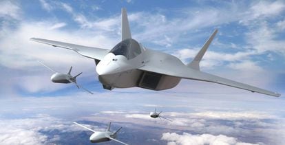 Recreación del Futuro Sistema Aéreo de Combate (FCAS-NGWS) que desarrollan Alemania, Francia y España.