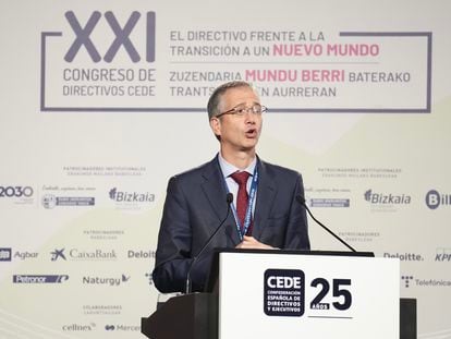 El gobernador del Banco de España, Pablo Hernández de Cos, este jueves en Bilbao.