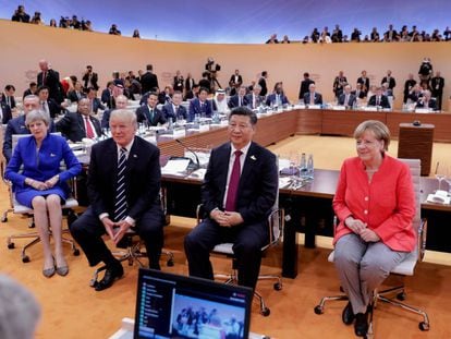 Los líderes de EE UU, China, Alemania y Reino Unido, en el G20 del año pasado en Hamburgo. REUTERS