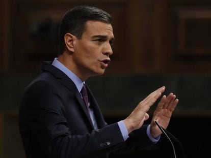 El presidente del Gobierno, Pedro Sánchez, durante su comparecencia en el Congreso de los Diputados.