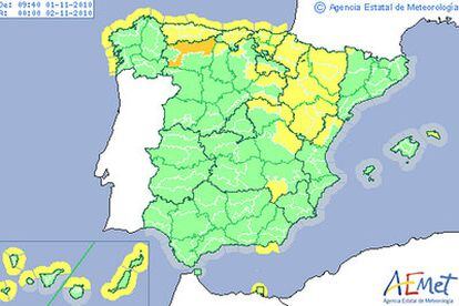 Mapa de las alertas de Aemet para hoy.