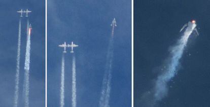 Secuencia de fotos en la que se ve al SpaceShipTwo separarse de la nave nodriza y explotar, el viernes durante un vuelo de prueba.