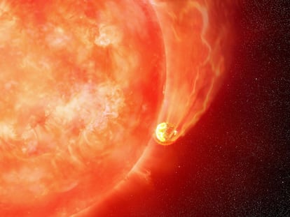 Representación artística que muestra a la estrella moribunda ZTF SLRN-2020 devorando a uno de sus planetas, una situación similar a la que vivirá la Tierra con el Sol en millones de años.