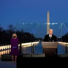 President-elect Joe Biden speaks during a COVID-19 memorial, with lights placed around the Lincoln Memorial Reflecting Pool, Tuesday, Jan. 19, 2021, in Washington. (AP Photo/Alex Brandon)