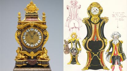A la izquierda, reloj de sobremesa de finales del siglo XVII, perteneciente a la colección del Metropolitan. A la derecha, dibujo preparatorio de 'La bella y la bestia' (1991), de Peter J. Hall.