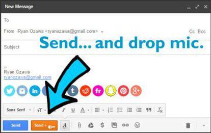 Los dos botones de Gmail, el de envío y el de la broma, juntos.
