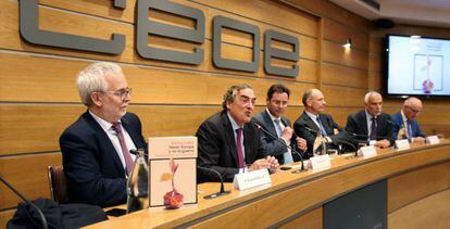 El presidente de la CEOE, Juan Rosell, durante la presentaci&oacute;n del libro del ex primer ministro italiano Enrico Letta