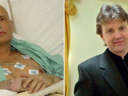 El ex agente ruso Alexandr Litvinenko, en 2006, en un hospital de Londres. A la derecha, con su libro, en mayo de 2002