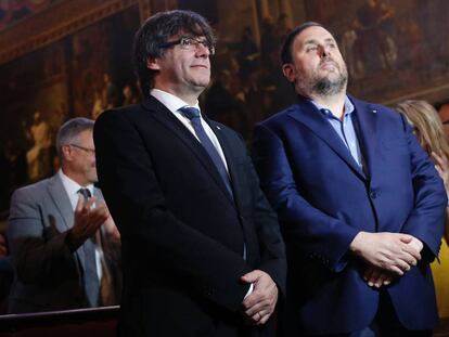 El president Carles Puigdemont y Oriol Junqueras el 1 de julio.