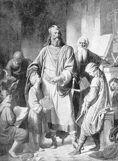 Carlomagno rodeado de sus alumnos en un grabado de Karl von Blaas