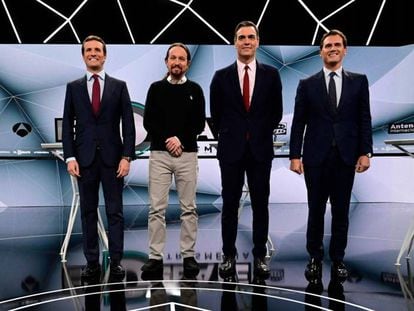 Pablo Casado, Pablo Iglesias, Pedro Sánchez y Albert Rivera, durante un debate electoral en 2019.