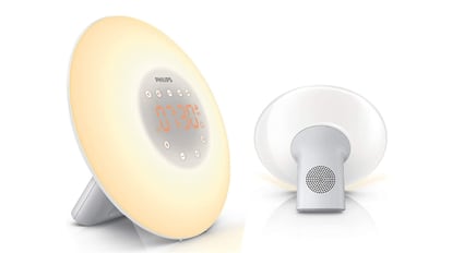Reloj despertador de amanecer, luz nocturna con simulación de amanecer,  lámpara de cabecera táctil regulable, 6 colores RGB, 5 sonidos naturales  para