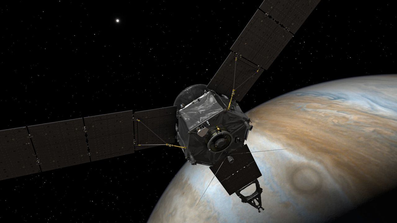 Recreación de la sonda Juno sobre Júpiter.