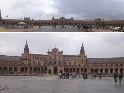 Abajo, imagen de la Plaza de España de Sevilla tomada por un turista y, arriba, panorámica tomada por un fotógrafo con el mismo móvil.