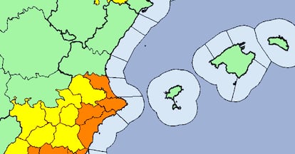 Area affected by the yellow alert, on an Aemet map.