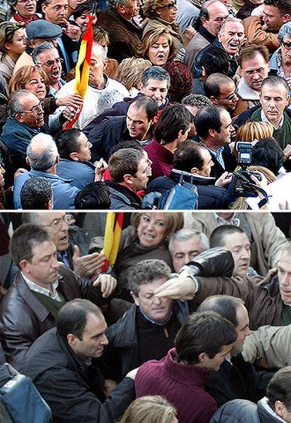 Dos momentos de la manifestación celebrada el 22 de enero, donde se puede ver al ministro José Bono increpado por algunas de las personas que lo rodean.