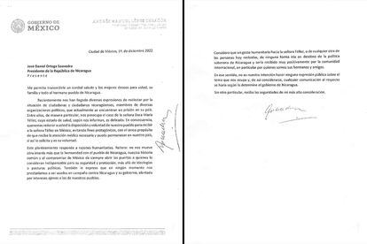 The letter in which López Obrador asks Ortega for the release of Dora María Téllez.