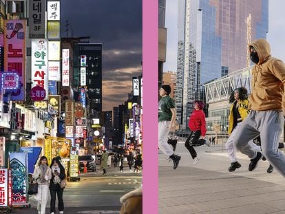 A la izquierda, una calle comercial del barrio universitario de Seúl, capital de Corea del Sur. A la derecha, jóvenes practican coreografías de K-pop en el distrito financiero de Azca, en Madrid.