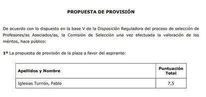 Recorte del expediente con la nota y la propuesta de plaza para Pablo Iglesias.