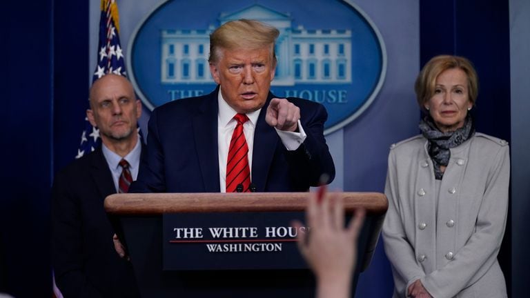 President Donald Trump answers journalists' questions in the White House press room.