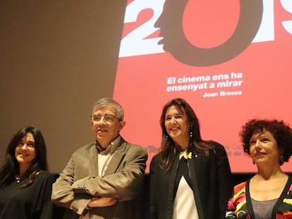 Isa Camp, Esteve Riambau, Laura Borràs i Icíar Bollaín en la presentació de la temporada de la Filmoteca.