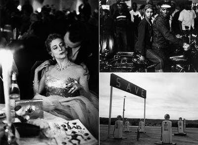 De izquierda a derecha, las fotografías de Robert Frank, <i>Baile benéfico. Nueva York; Indianápolis</i> (arriba); <i>Santa Fe, Nuevo México, y Desfile. Hoboken, Nueva Jersey.