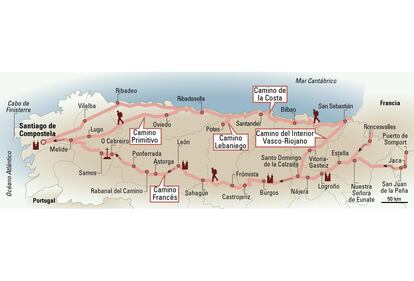 Mapa de los distintos Caminos de Santiago desde Francia.