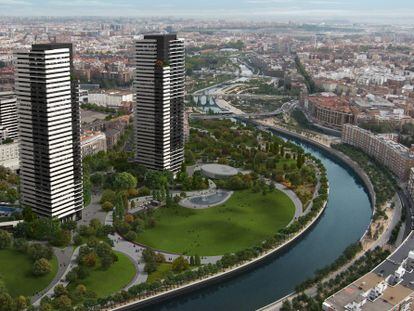 Proyecci&oacute;n municipal del &aacute;mbito urban&iacute;stico del Calder&oacute;n, que incluye dos rascacielos de 36 pisos junto al r&iacute;o Manzanares.