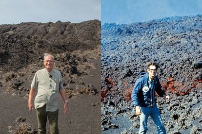 El vulcanólogo Juan Carlos Carracedo posa en el mismo lugar, en la erupción del volcán Teneguía, en 1971 y medio siglo después.