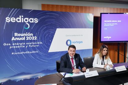 The president and general secretary of the Sedigas gas employers' association, Joan Batalla and Naiara Ortiz de Mendibil, this Tuesday in Madrid.
