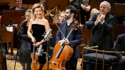 Anne-Sophie Mutter y Pablo Ferrández, durante la grabación del Doble de Brahms.