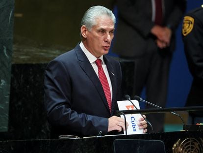 El Presidente de Cuba, Miguel Díaz-Canel, en la Asamblea General de las Naciones Unidas en la ciudad de Nueva York, EE UU, el 19 de septiembre de 2023.