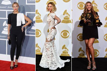 El estilo de Beyoncé se ha 'refinado' un poco con el paso del tiempo, pero el encaje y los brillos que llevaba en sus comienzos con las Destiny's Childs siguen estando presentes en sus posados. En la imagen, galas de los Grammy de 2013, 2014 y 2015.