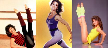 Tres fotos promocionales de Jane Fonda durante la etapa que popularizó globalmente su programa de gimnasia.