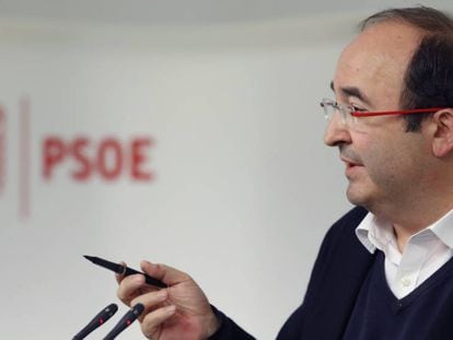 El primer secretari del PSC, Miquel Iceta, a la seu del PSOE aquest dilluns.