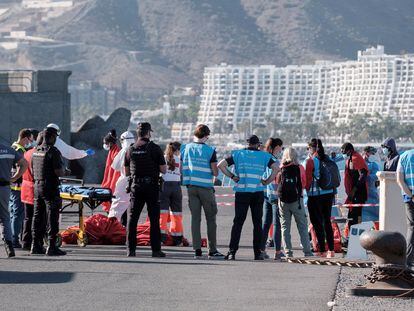 Equipo de Frontex, uniformados con su chaleco azul, desplegado en el puerto grancanario de Arguineguín, en una imagen de 2021.