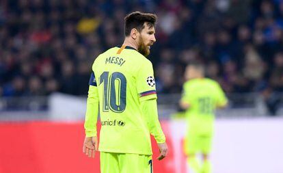 Leo Messi, en el encuentro contra el Olympique de Lyon.